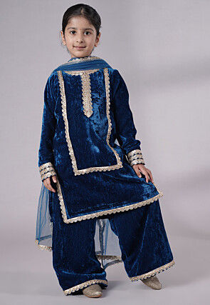 Lace Border Velvet Pakistani Suit in Royal Blue