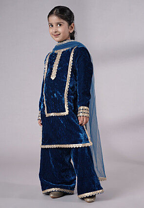 Lace Border Velvet Pakistani Suit in Royal Blue
