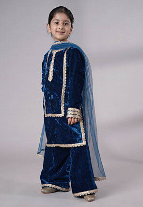 Lace Border Velvet Pakistani Suit in Royal Blue