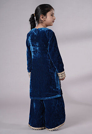 Lace Border Velvet Pakistani Suit in Royal Blue