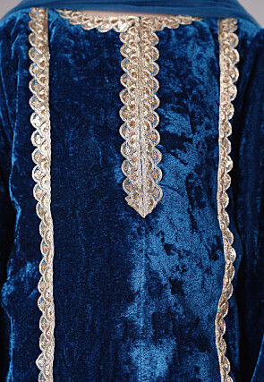 Lace Border Velvet Pakistani Suit in Royal Blue