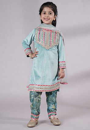 Lace Border Velvet Pakistani Suit in Sky Blue