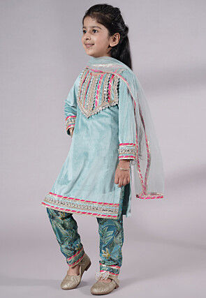 Lace Border Velvet Pakistani Suit in Sky Blue