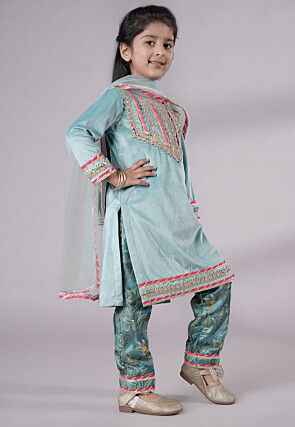 Lace Border Velvet Pakistani Suit in Sky Blue