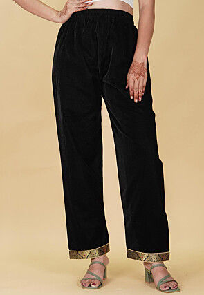 Lace Border Velvet Pant in Black
