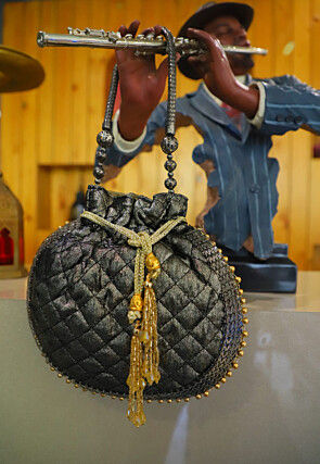 Lace Border Velvet Potli Bag in Dark Grey