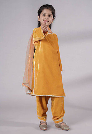 Lace Border Velvet Punjabi Suit in Mustard
