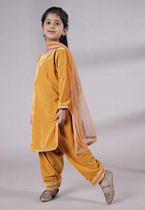 Lace Border Velvet Punjabi Suit in Mustard