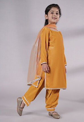Lace Border Velvet Punjabi Suit in Mustard
