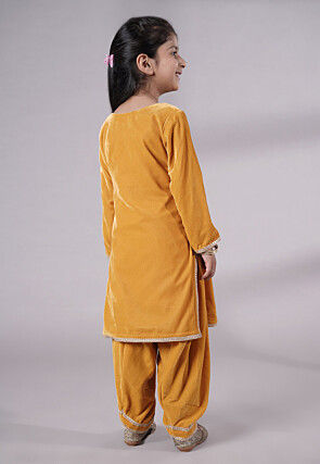 Lace Border Velvet Punjabi Suit in Mustard