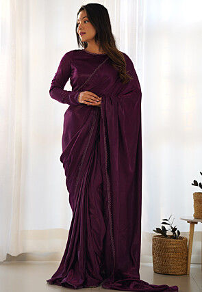 Lace Border Velvet Saree in Violet