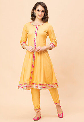 Lace Border Viscose Rayon Anarkali Suit in Yellow