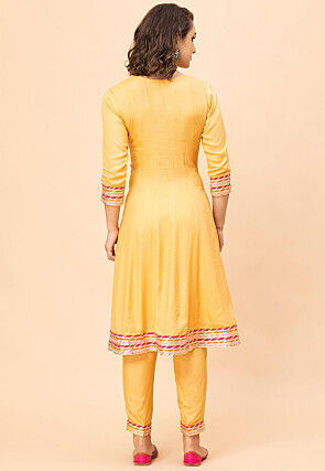 Lace Border Viscose Rayon Anarkali Suit in Yellow