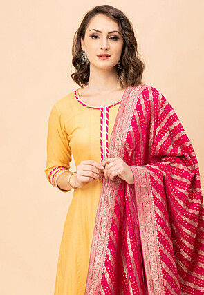 Lace Border Viscose Rayon Anarkali Suit in Yellow