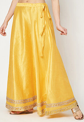 Lace Embellished Art Dupion Silk Skirt in Yellow