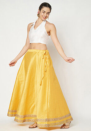 Lace Embellished Art Dupion Silk Skirt in Yellow