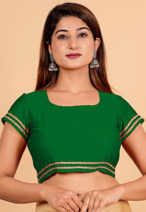 Lace Embellished Art Silk Blouse in Dark Green