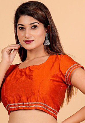 Lace Embellished Art Silk Blouse in Orange