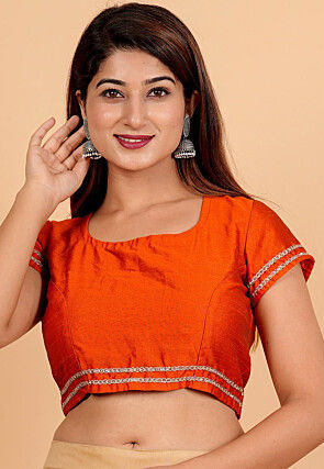 Lace Embellished Art Silk Blouse in Orange