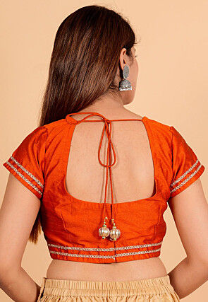 Lace Embellished Art Silk Blouse in Orange