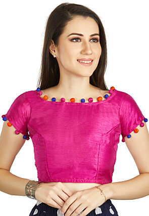 Lace Embellished Art Silk Blouse in Pink