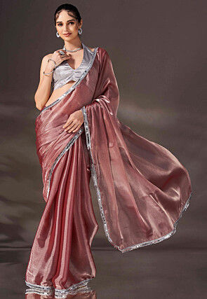 Lace Embellished Chiffon Saree in Brown