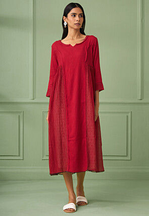 Lace Embellished Cotton Silk Aline Dress in Red