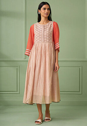Lace Embellished Cotton Silk Midi Dress in Old Rose