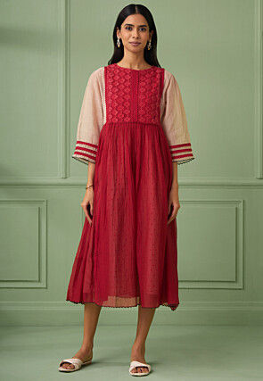 Lace Embellished Cotton Silk Midi Dress in Red