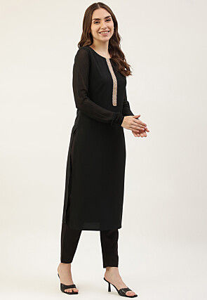 Lace Embellished Crepe Pakistani Suit in Black