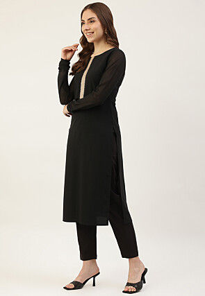 Lace Embellished Crepe Pakistani Suit in Black