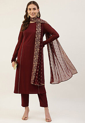 Lace Embellished Crepe Pakistani Suit in Maroon