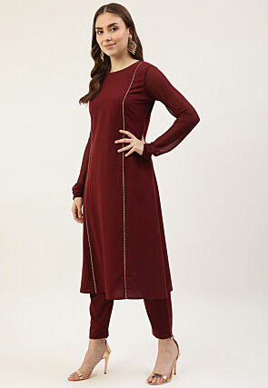 Lace Embellished Crepe Pakistani Suit in Maroon