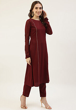 Lace Embellished Crepe Pakistani Suit in Maroon