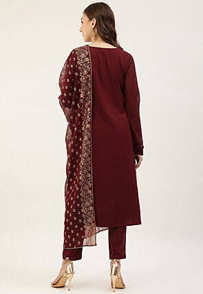 Lace Embellished Crepe Pakistani Suit in Maroon