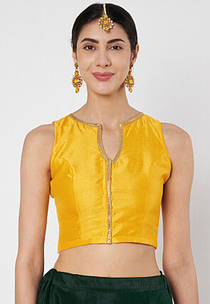 Lace Embellished Dupion Silk Crop Top in Yellow