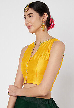 Lace Embellished Dupion Silk Crop Top in Yellow