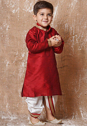 Lace Embellished Dupion Silk Kurta Dhoti Set in Maroon