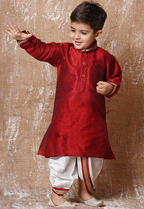 Lace Embellished Dupion Silk Kurta Dhoti Set in Maroon