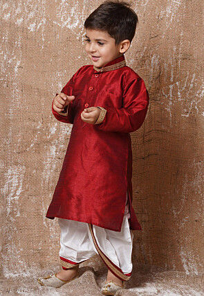 Lace Embellished Dupion Silk Kurta Dhoti Set in Maroon