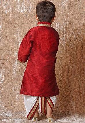 Lace Embellished Dupion Silk Kurta Dhoti Set in Maroon