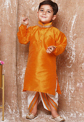 Lace Embellished Dupion Silk Kurta Dhoti Set in Yellow