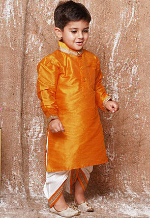 Lace Embellished Dupion Silk Kurta Dhoti Set in Yellow