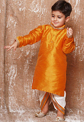 Lace Embellished Dupion Silk Kurta Dhoti Set in Yellow