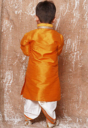 Lace Embellished Dupion Silk Kurta Dhoti Set in Yellow