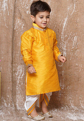 Lace Embellished Dupion Silk Kurta in Yellow