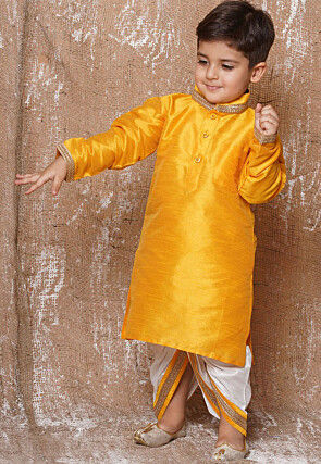 Lace Embellished Dupion Silk Kurta in Yellow