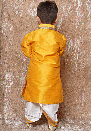 Lace Embellished Dupion Silk Kurta in Yellow