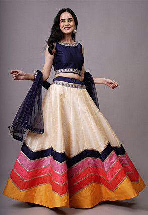 Lace Embellished Dupion Silk Lehenga in Multicolor