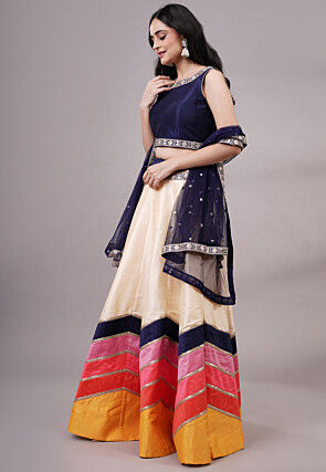 Lace Embellished Dupion Silk Lehenga in Multicolor